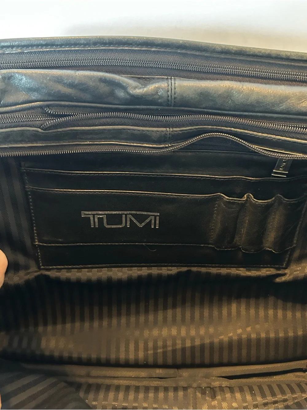 Vintage TUMI Black Leather Expandable Laptop Briefcase Organizer Luggage Tag